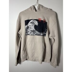 Retro Bowery Supply Co Tokyo Japan Graphic Wave Tan Hoodie Sweatshirt Size Small